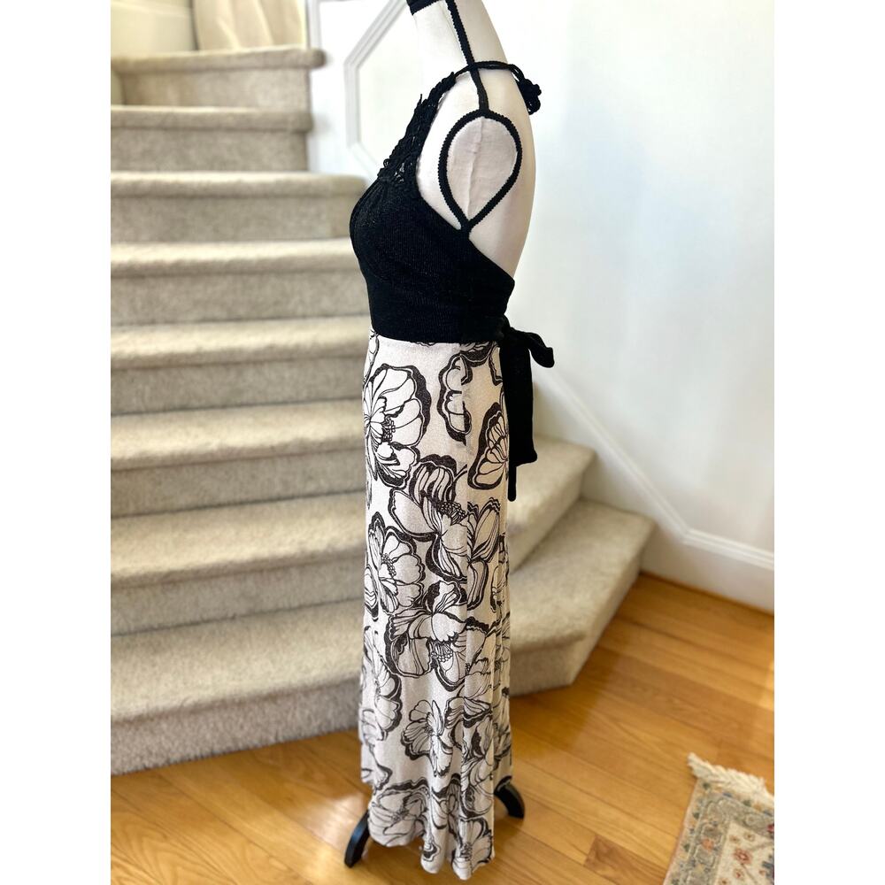 Vintage 70s Black Ribbed Metallic Knit Crochet Top Floral Maxi Skirt - Picture 2 of 6